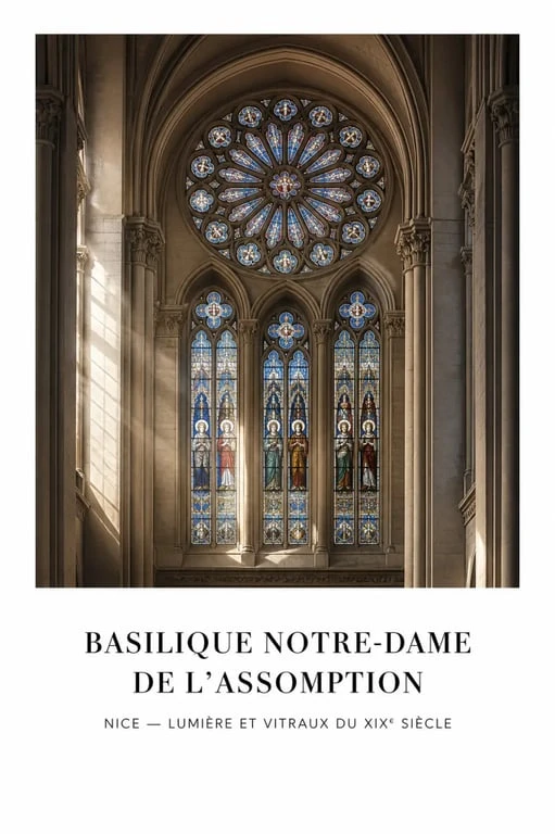 Intérieur de la Basilique Notre-Dame de Nice avec rosace et vitraux du XIXe siècle
