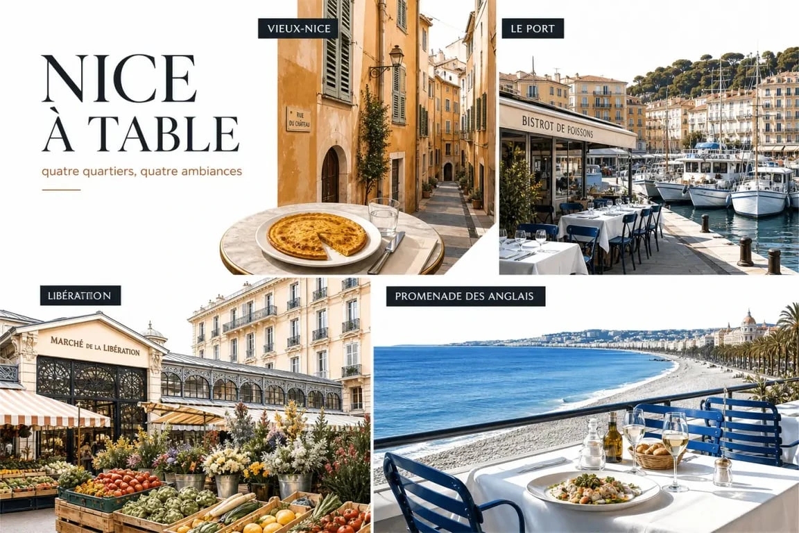 Ristoranti Nizza : vue visuelle des quartiers gourmands de Nice entre Vieux-Nice, port, Libération et Promenade des Anglais
