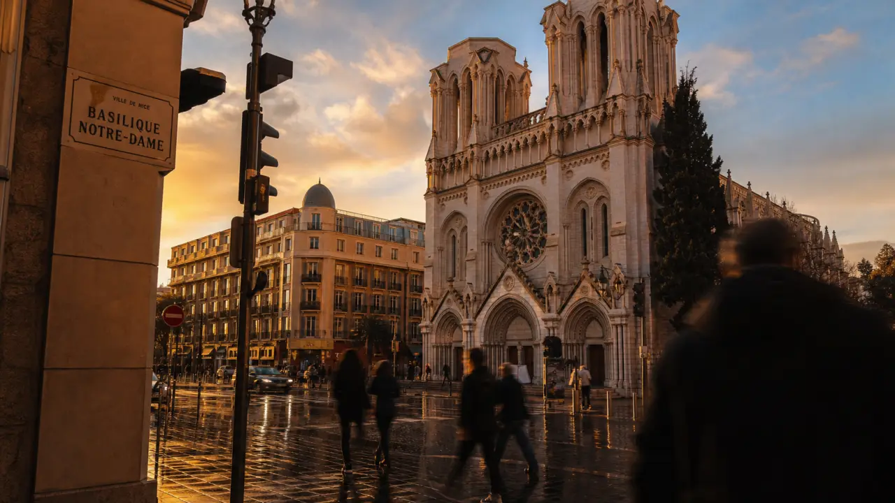Nice basilique Notre-Dame sur l’avenue Jean Médecin, coucher du soleil