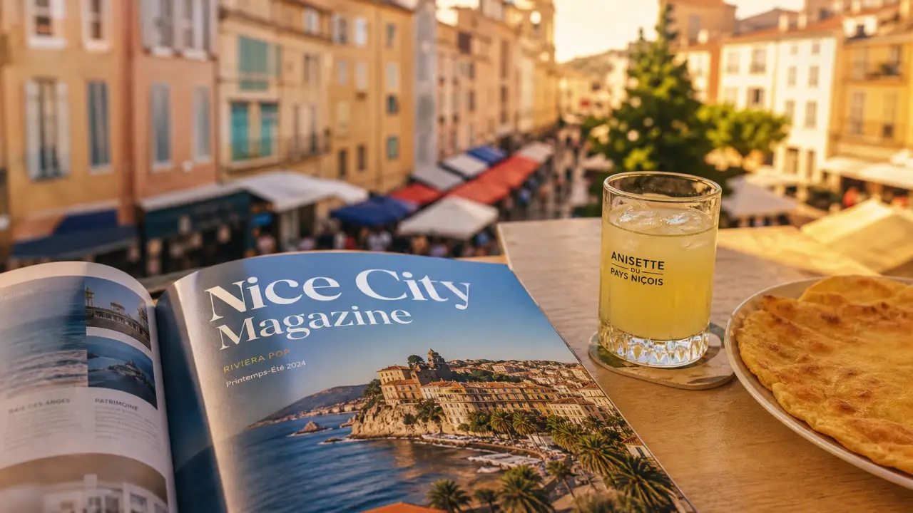 Nice City Magazine : magazine Riviera Pop sur table, Vieux Nice en arrière-plan