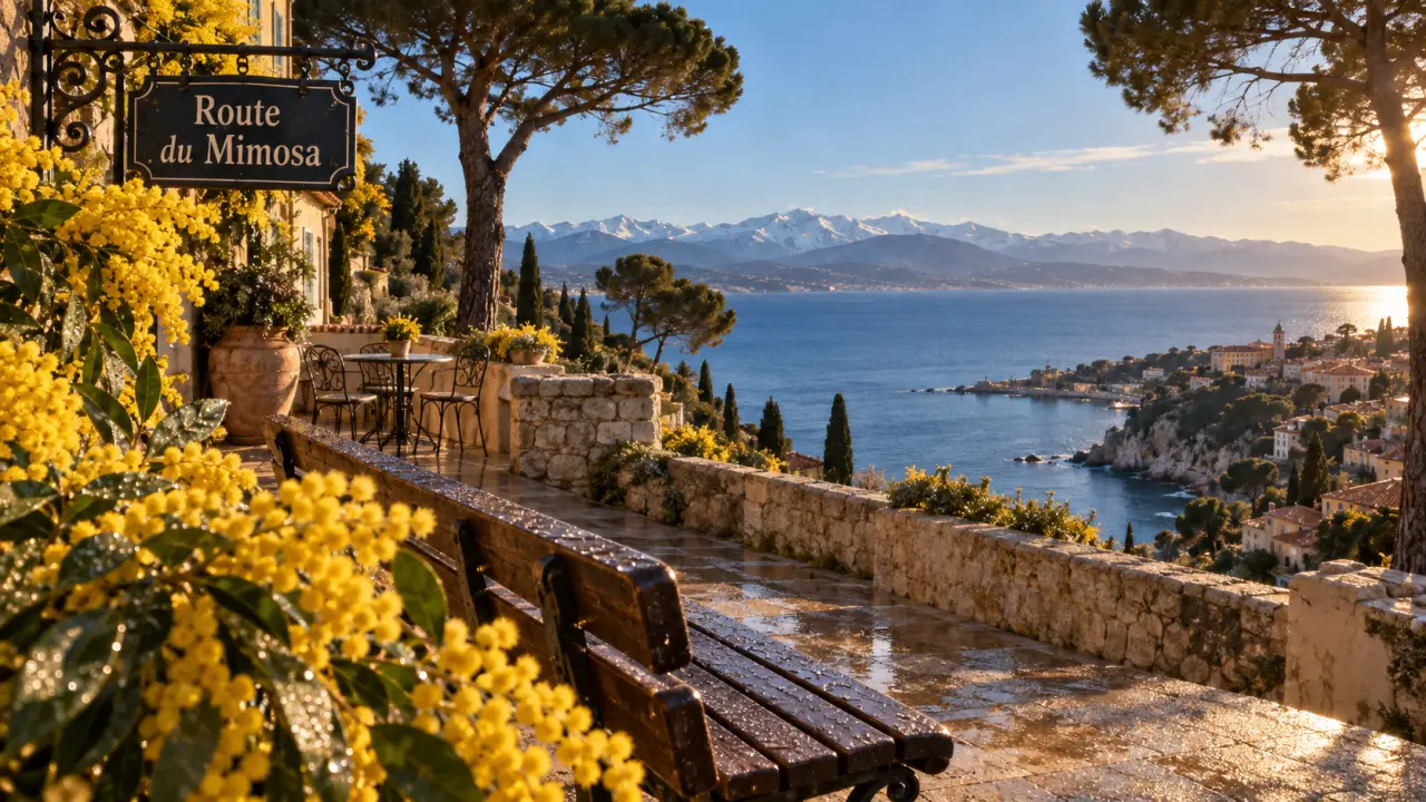 Cote d azur im winter, mimosa jaune et mer calme, banc humide près de la terrasse