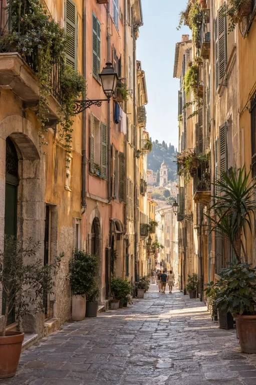 Ruelle du Vieux-Nice bordée de façades colorées et de balcons en fer forgé