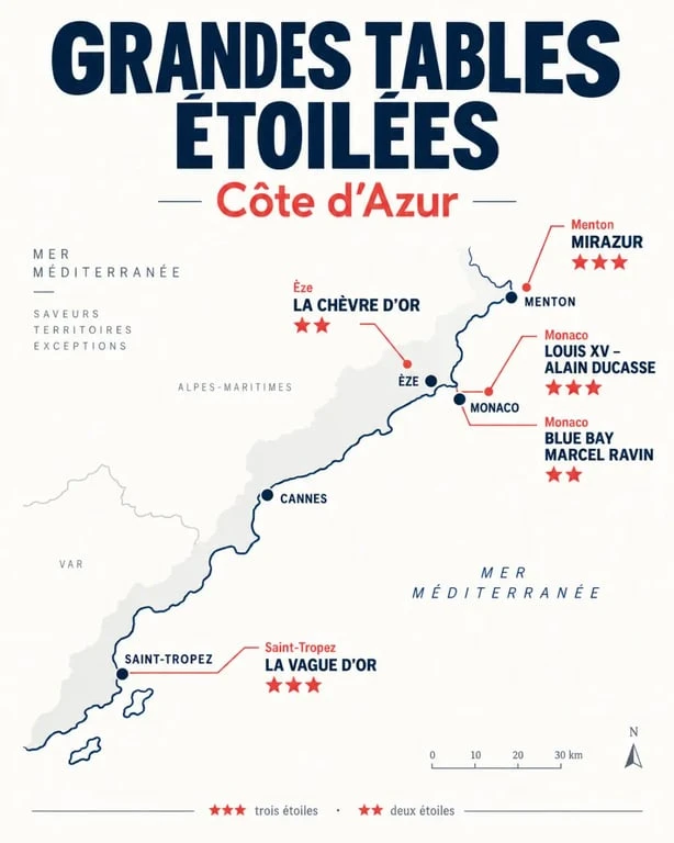 Restaurant étoilé Michelin Côte d’Azur : carte des grandes tables de Menton à Saint-Tropez