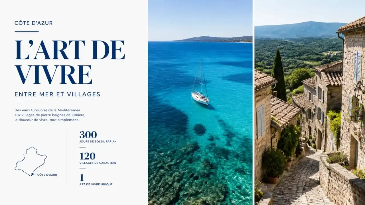 Paysage contrasté entre le littoral méditerranéen et les villages de l'arrière-pays pour une staycation Côte d'Azur réussie.