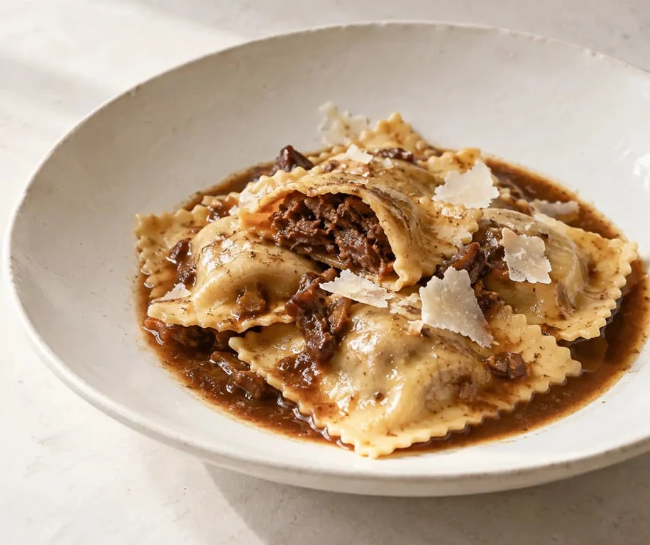 Ravioli niçois maison servis avec leur jus de daube
