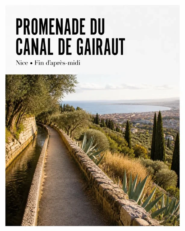Promenade canal de Gairaut à Nice avec sentier, oliviers et vue panoramique