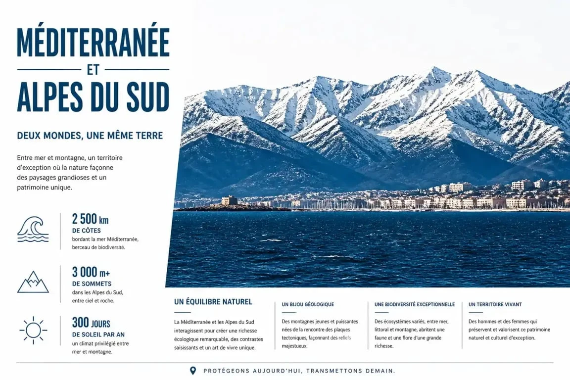 Vue panoramique de la mer et des sommets enneigés sur la Côte d'Azur en hiver