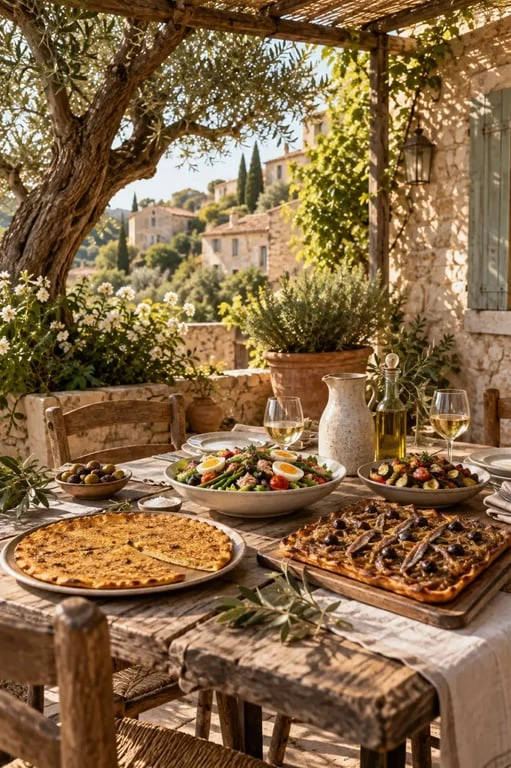 Restaurant typique côte d’azur avec spécialités niçoises sur une terrasse provençale