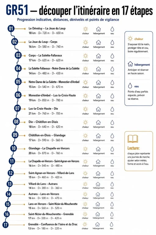 GR51 étapes : infographie des étapes du GR51 et de leur découpage