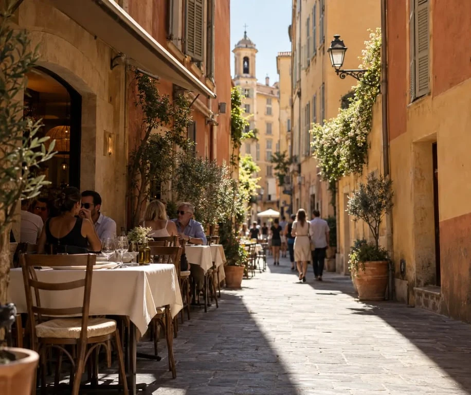 Restaurant Vieux Nice avec terrasse ombragée dans une ruelle aux façades colorées