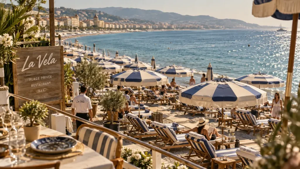 La Vela à Nice : restaurant méditerranéen et plage privée, arrivée avant 12 h pour le transat
