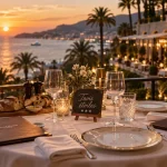 Restaurant étoilé michelin côte d azur : table avec mer azur, deux convives