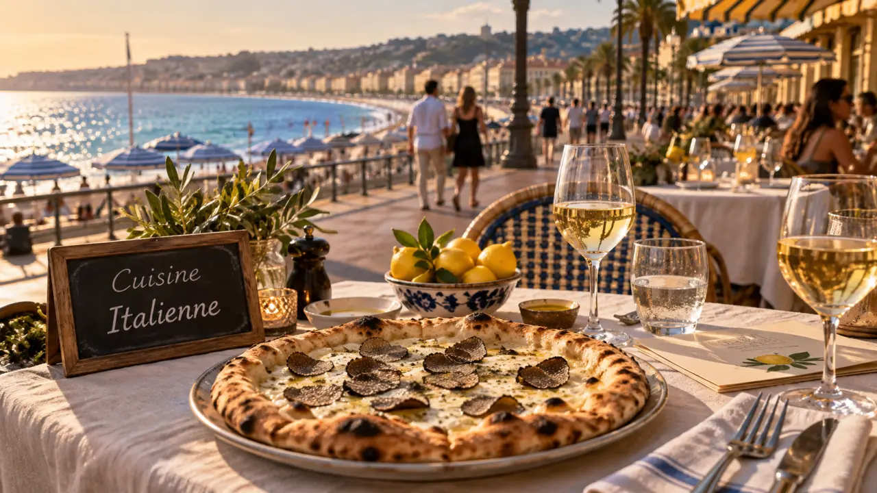 Restaurant italien sur la Promenade des Anglais à Nice, vue mer et cuisine italienne.