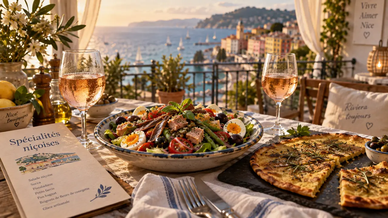 Restaurant typique côte d azur : salade niçoise et socca sur terrasse vue mer