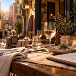 Restaurant vieux nice avec terrasse : table et chaises sur une terrasse en ruelle