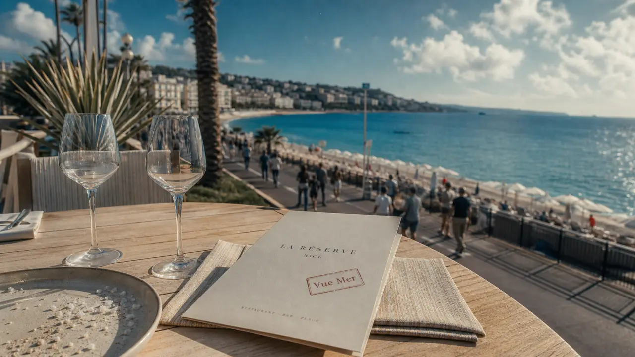 Vue mer pour restaurants bord de mer Nice, table près de la plage