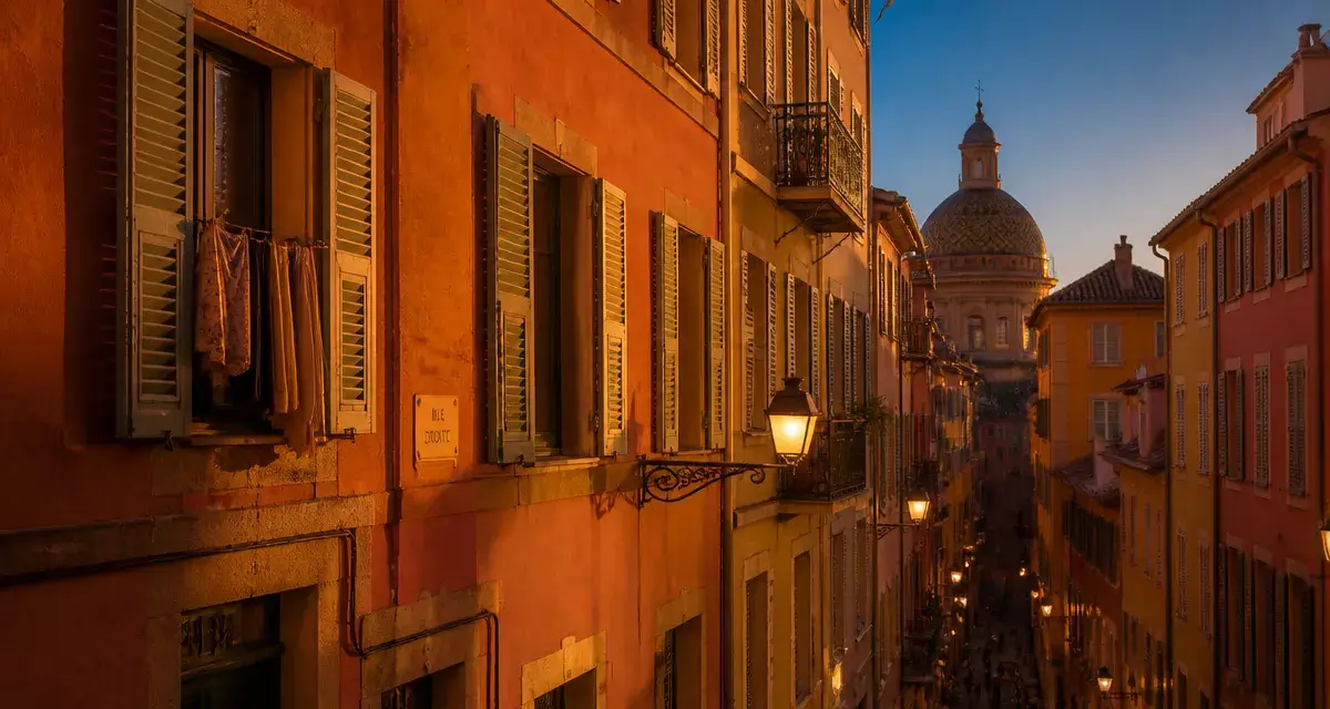 Ruelle vieux nice au Vieux-Nice, façades couleur safran à golden hour