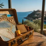 Staycation cote d azur : valise, passeport et Méditerranée turquoise