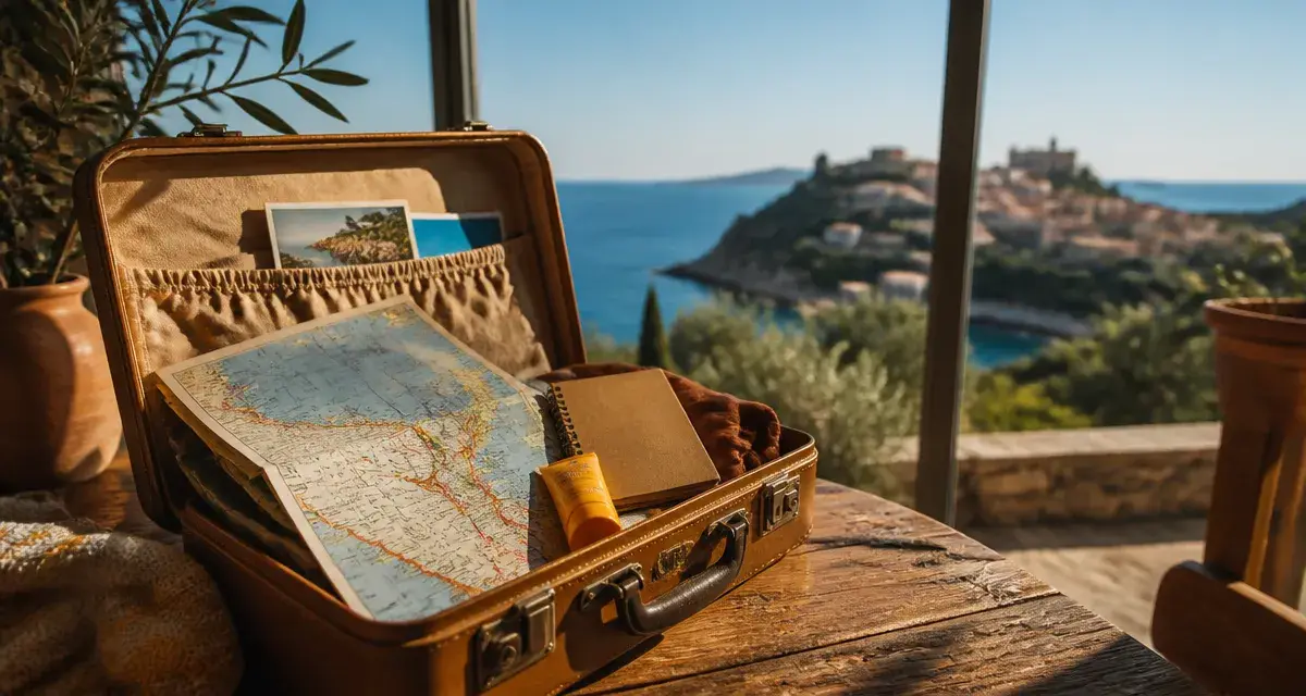 Staycation cote d azur : valise, passeport et Méditerranée turquoise