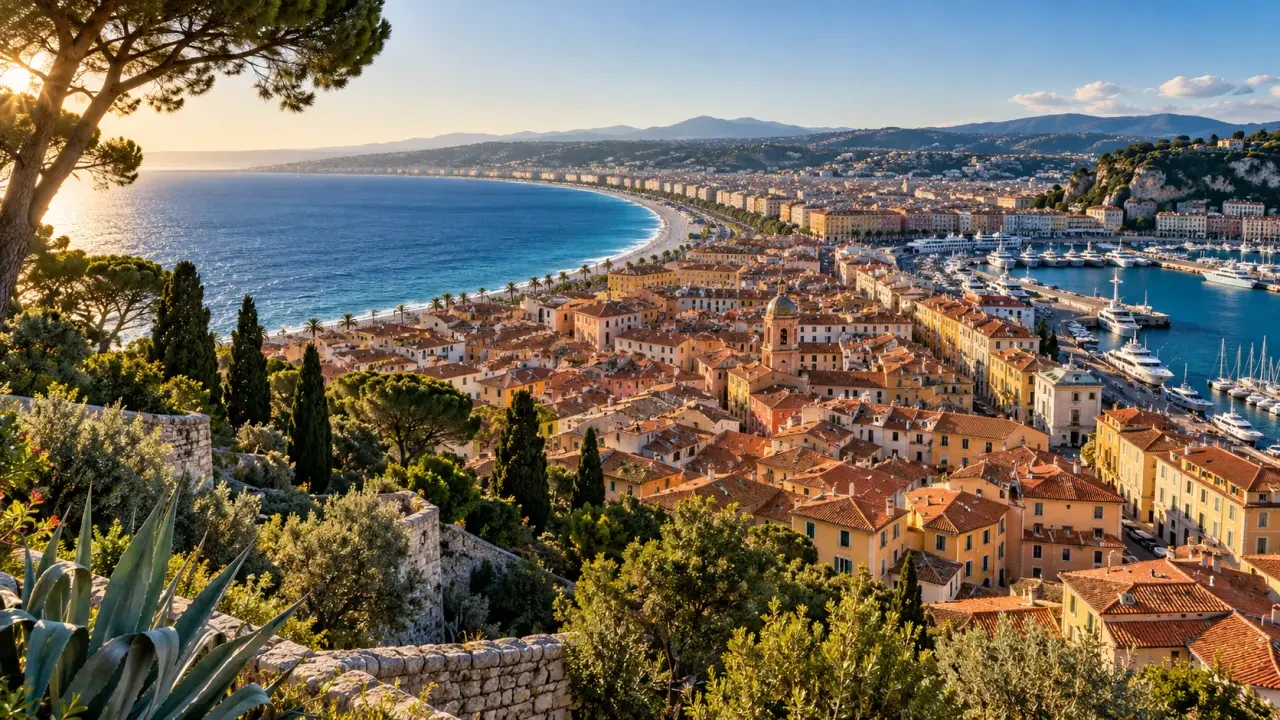 Vieux Nice visite : panorama sur les toits, la baie des Anges et le port depuis la colline du Château