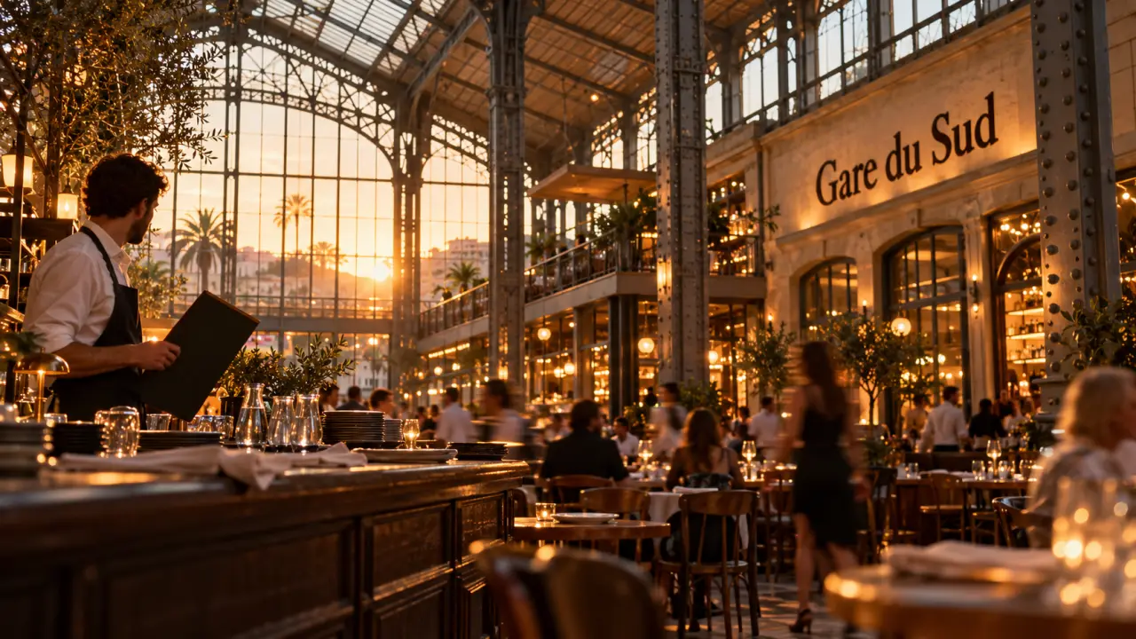 Photo restaurants gare du sud nice dans la halle, golden hour à Nice
