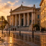 Vieux Nice : palais de justice de Nice, façade et escalier en golden hour
